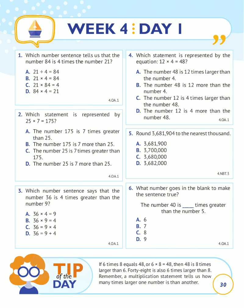 4th Grade Common Core Math: Daily Practice Workbook Part I: Multiple Choice