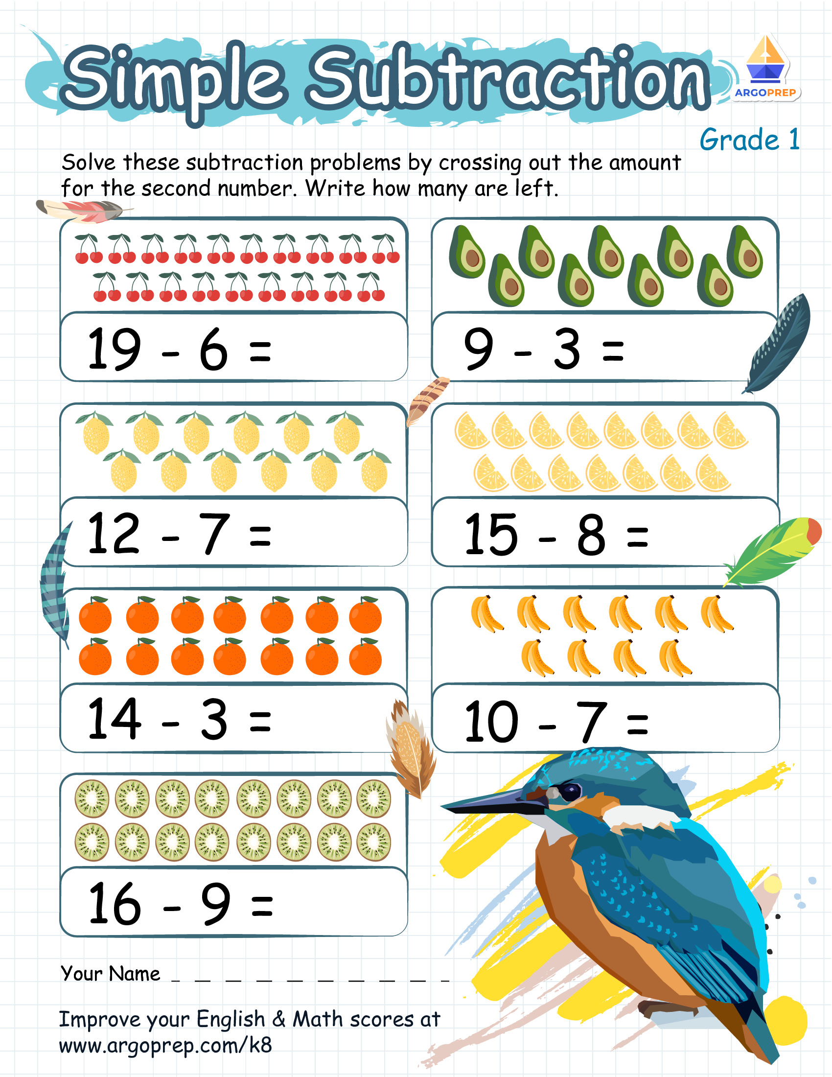 Tiny Bird's Fun with Fewer Worksheet
