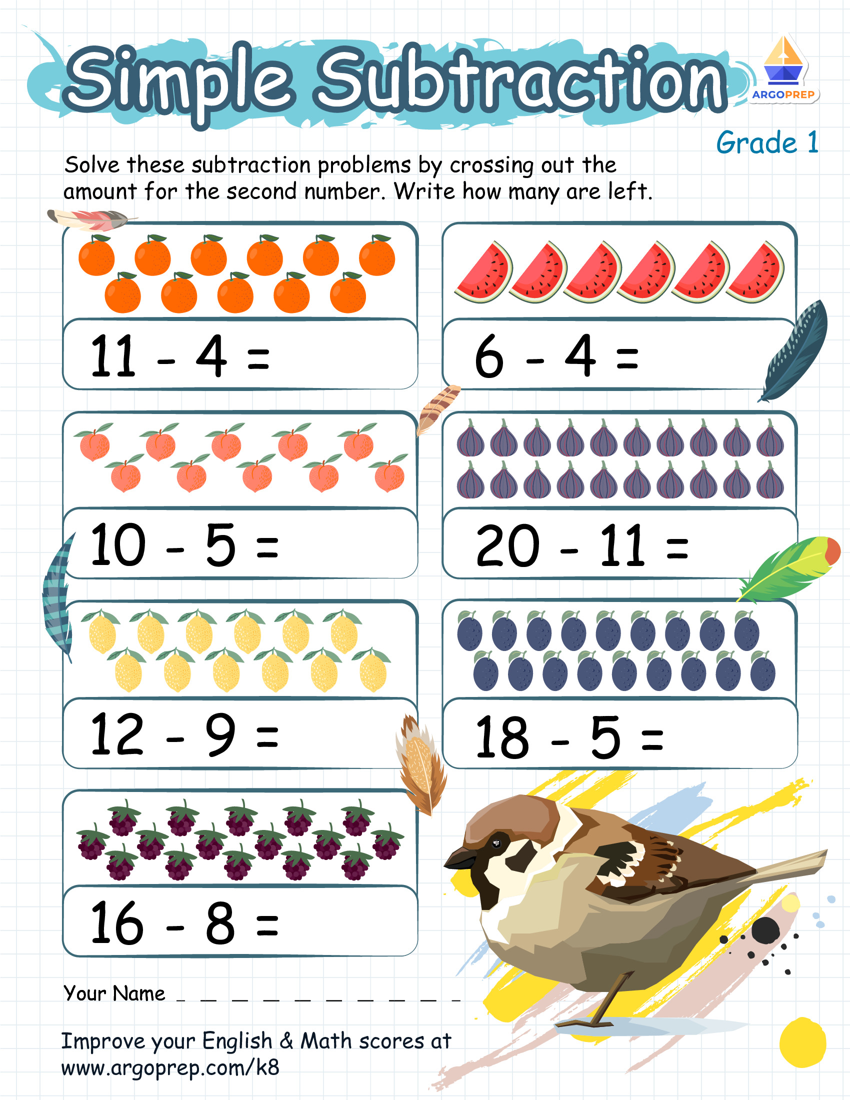Subtraction Sentences with Peaceful Bird