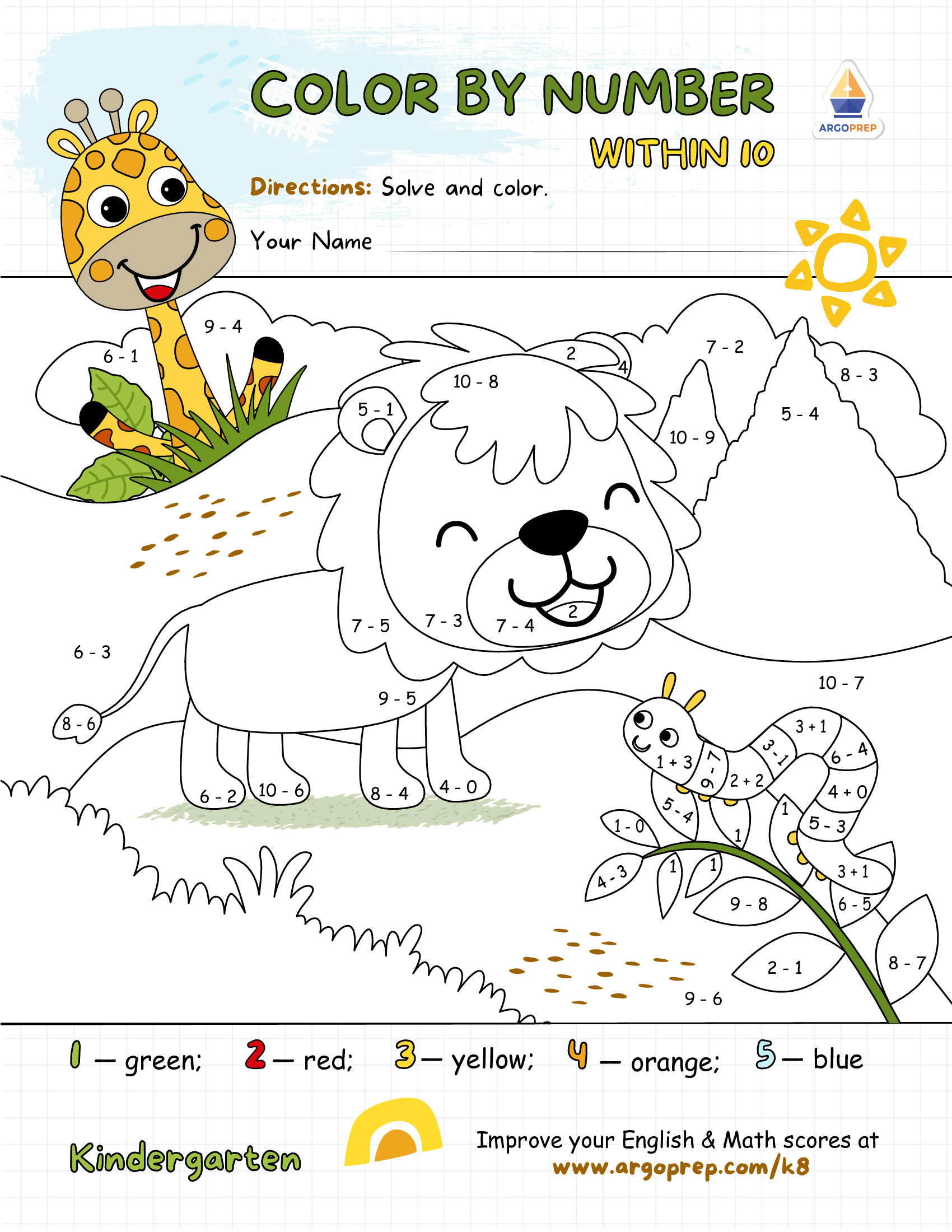 Color by number adding subtracting within 10_2 Kindergarten
