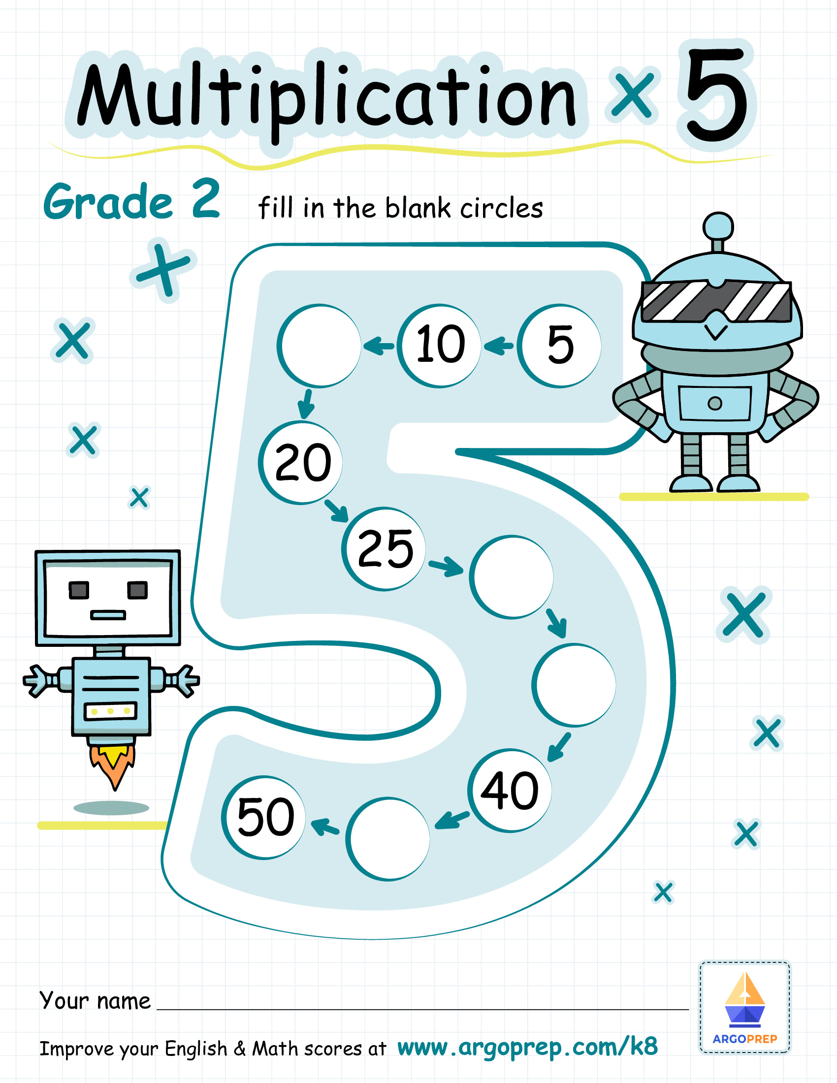 Multiplying by 5 with Billy Bot and Bennett Bot