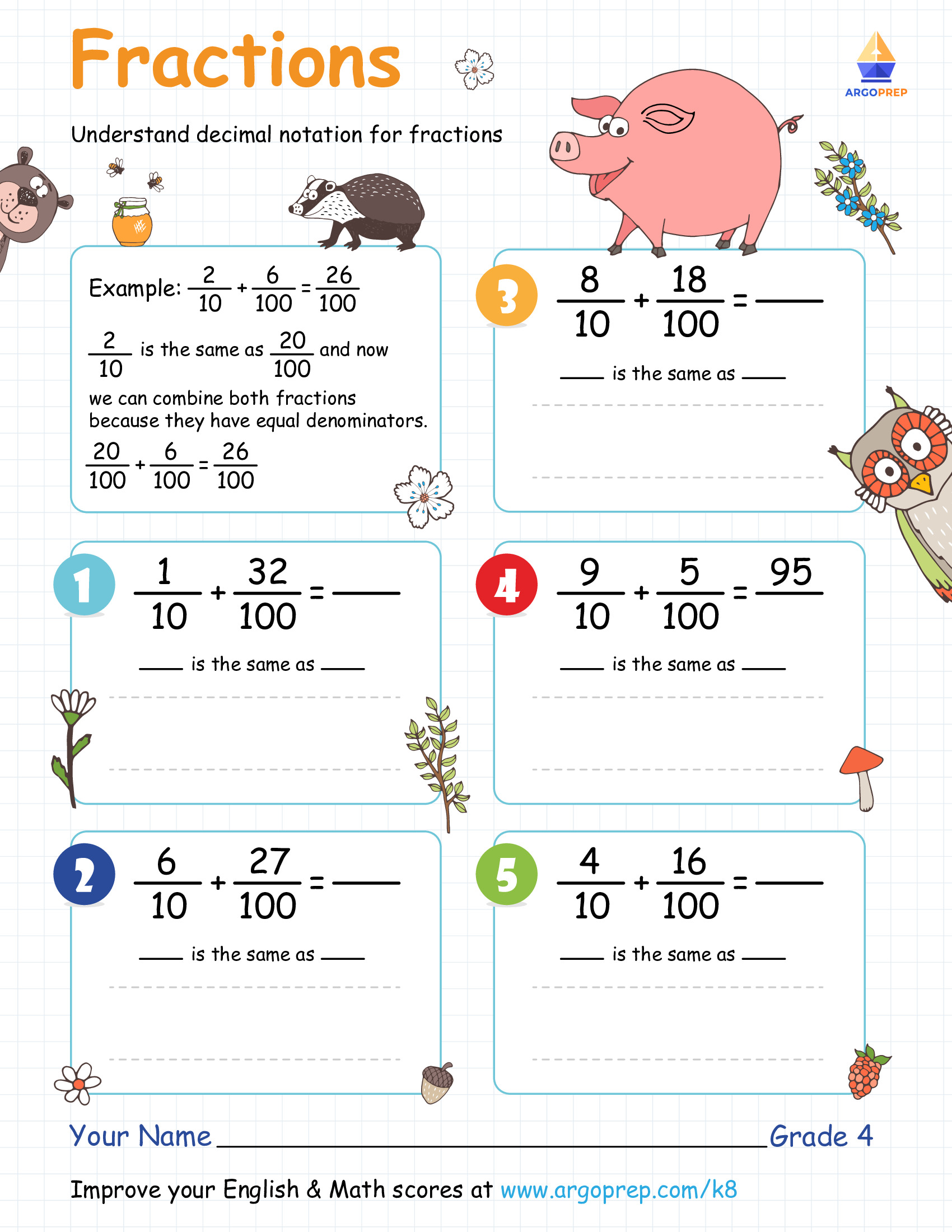 Decimal Notation for Fraction Action with the Woodland Friends